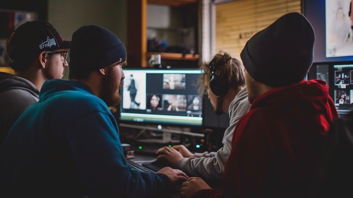 4 video editors working on a video sitting in an office setting