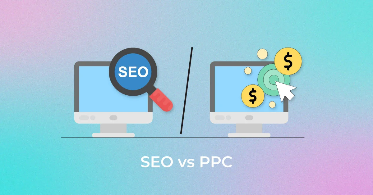 A comparison of SEO (magnifying glass) and PPC (dollar signs) strategies