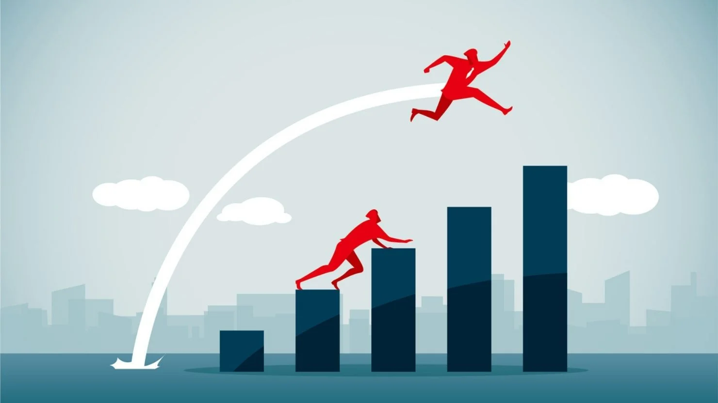 A person climbing bar chart steps while another leaps over them in a single jump