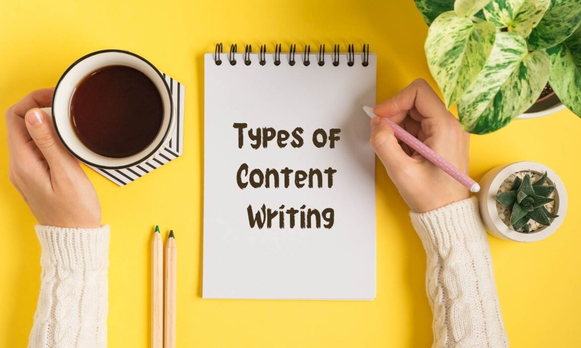 A person writing Types of Content Writing in a notebook with a cup of coffee nearby