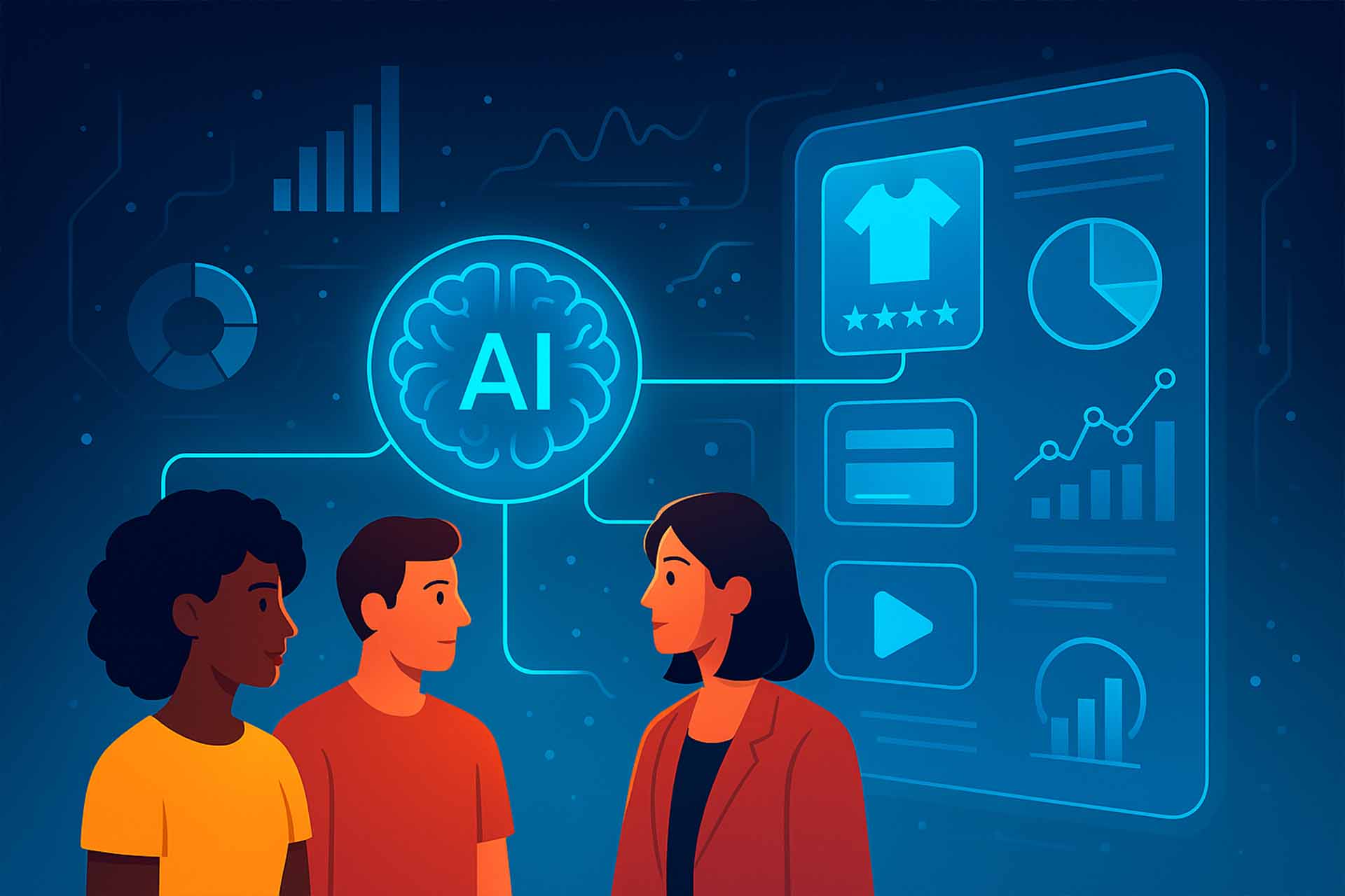 An illustration of three people interacting with AI technology and data analytics.