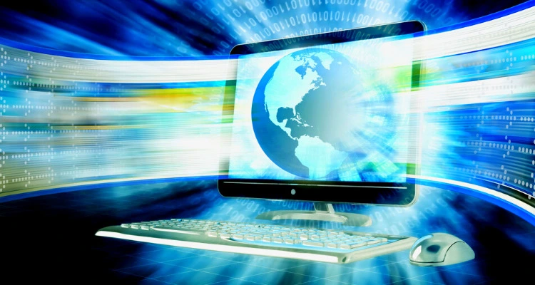 Computer with a globe and digital data streams, symbolizing fast internet Computer with a globe and digital data streams, symbolizing fast internet