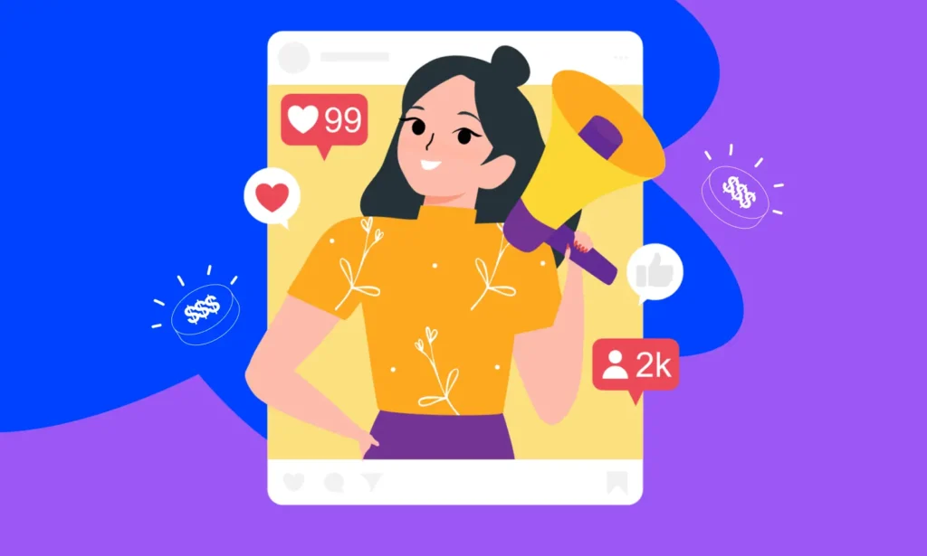  Illustration of a woman holding a megaphone inside a social media post frame, surrounded by like and follower icons
