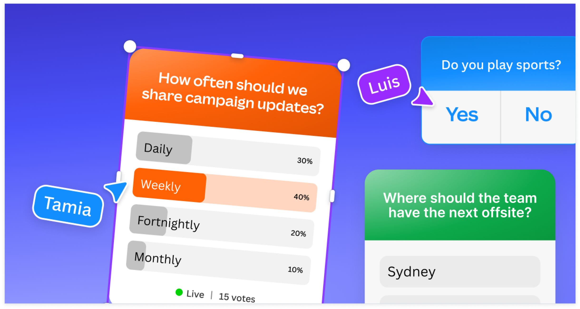 Illustration of interactive social media polls with voting options and user labels