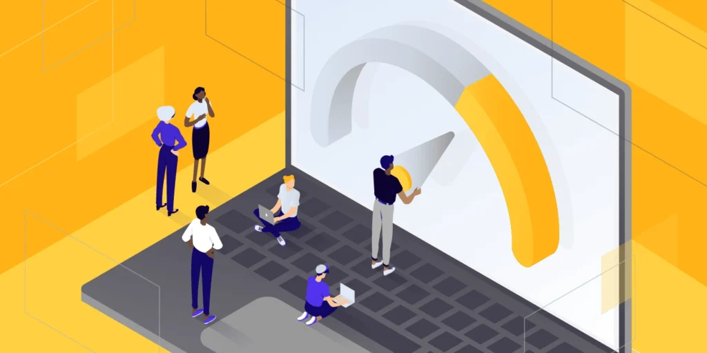 Illustration of people optimizing website speed with a speedometer graphic.