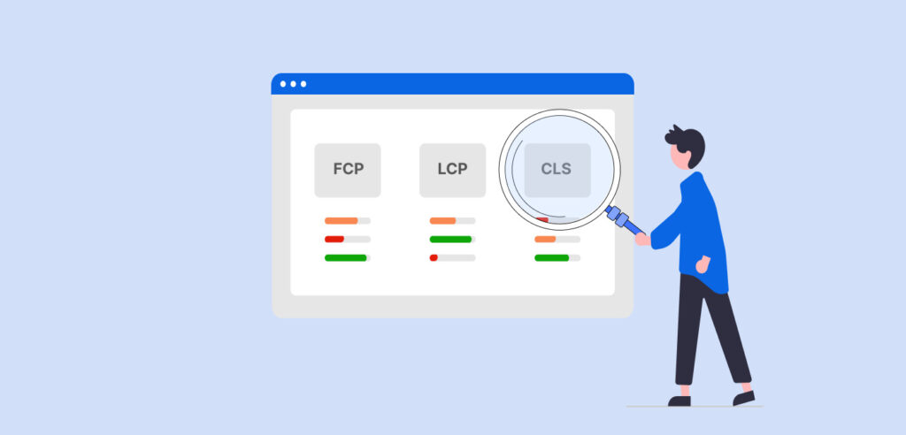 Person analyzing website performance metrics (FCP, LCP, CLS)