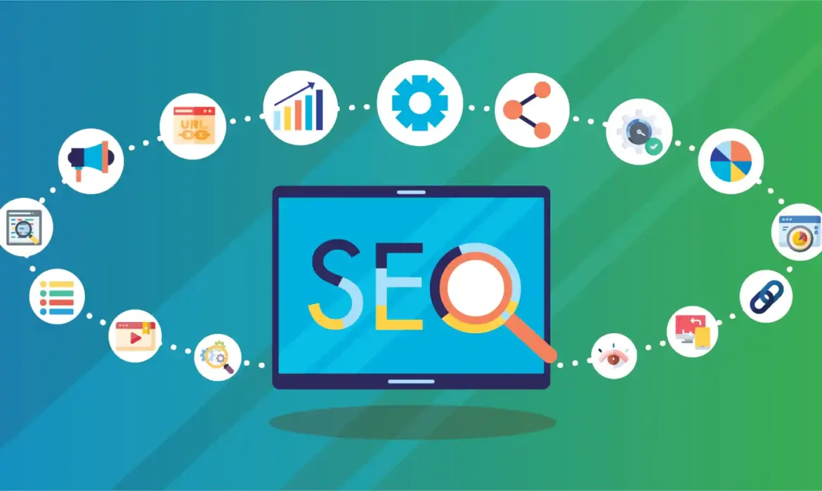 SEO related icons on a dark background