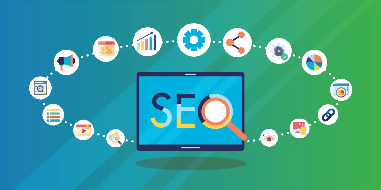 SEO related icons on a dark background