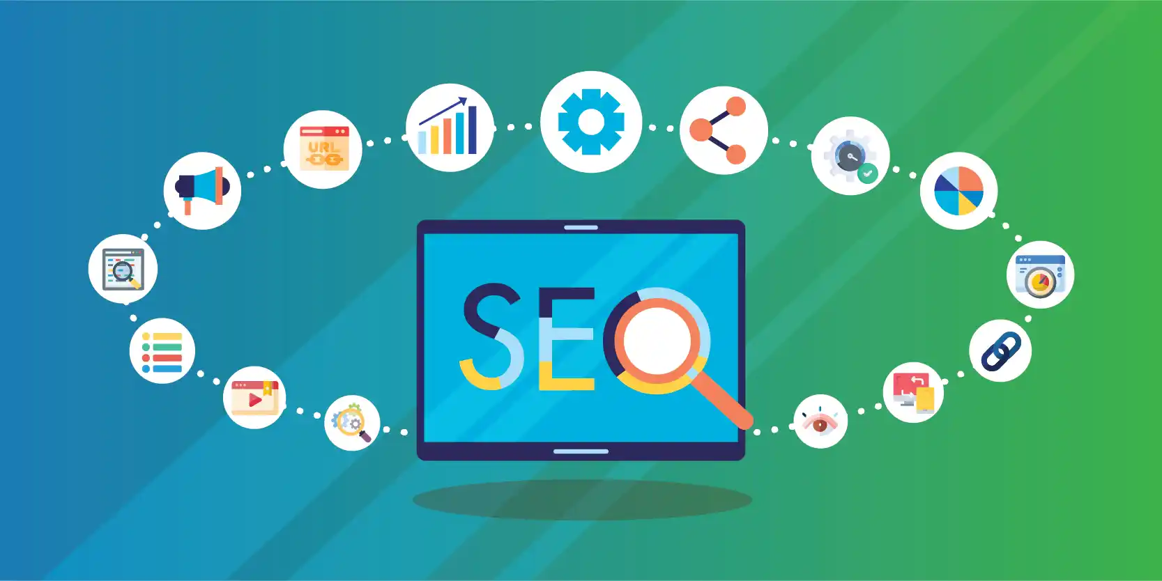 SEO related icons on a dark background