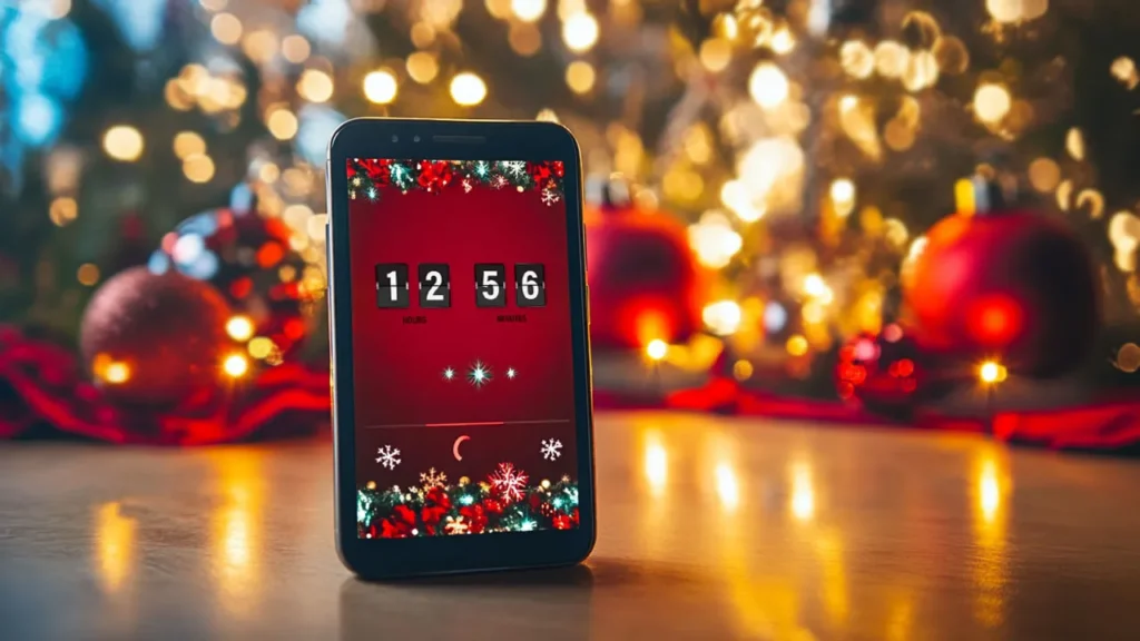 Smartphone displaying a festive countdown timer against a blurred Christmas-themed background