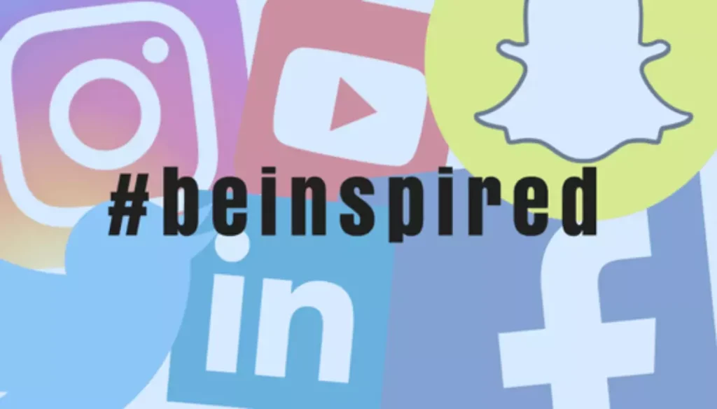 Social media platform icons in the background with the text ‘#beinspired’ overlaid