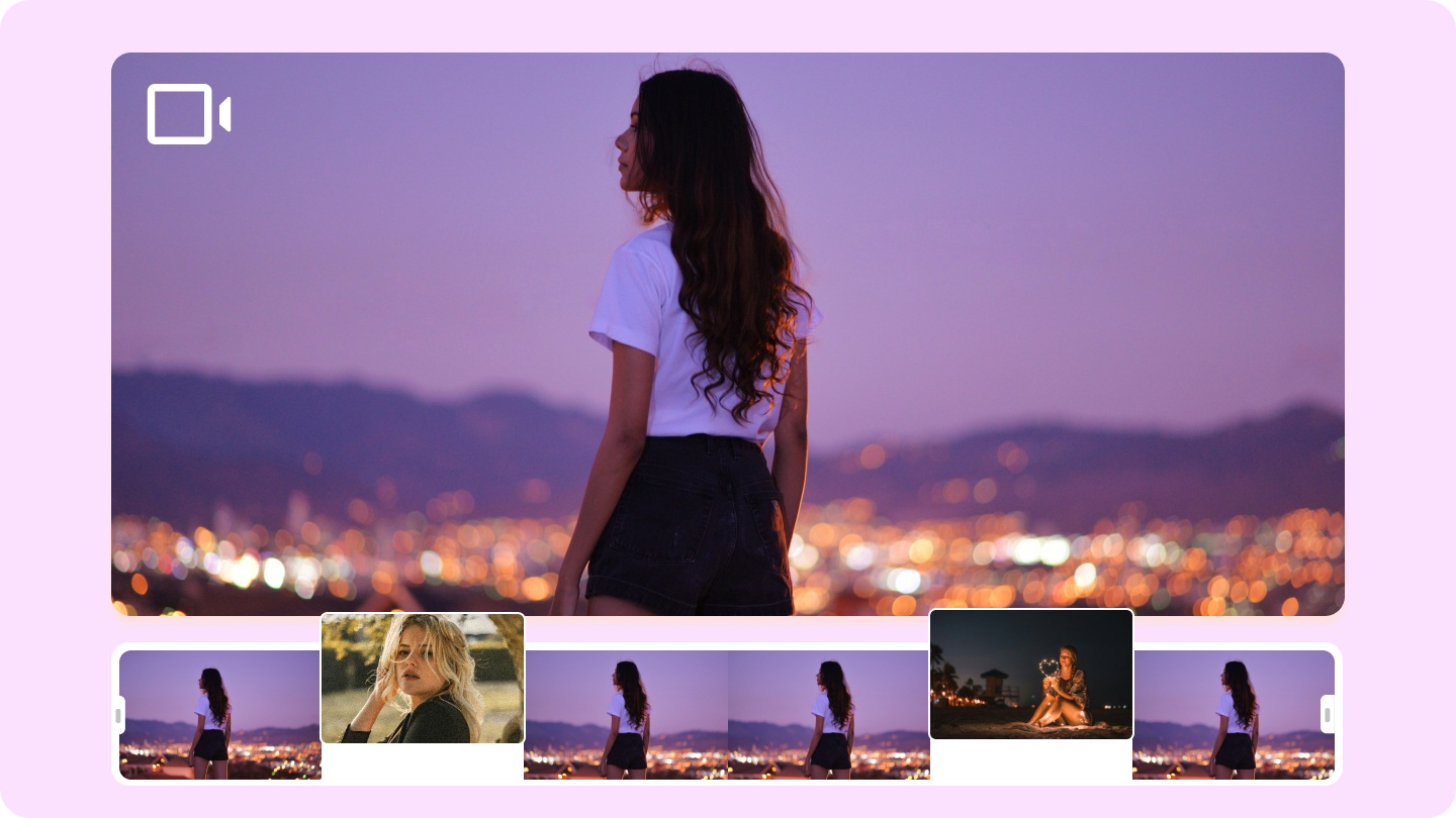 Video editing interface with clips and a person in a scenic view