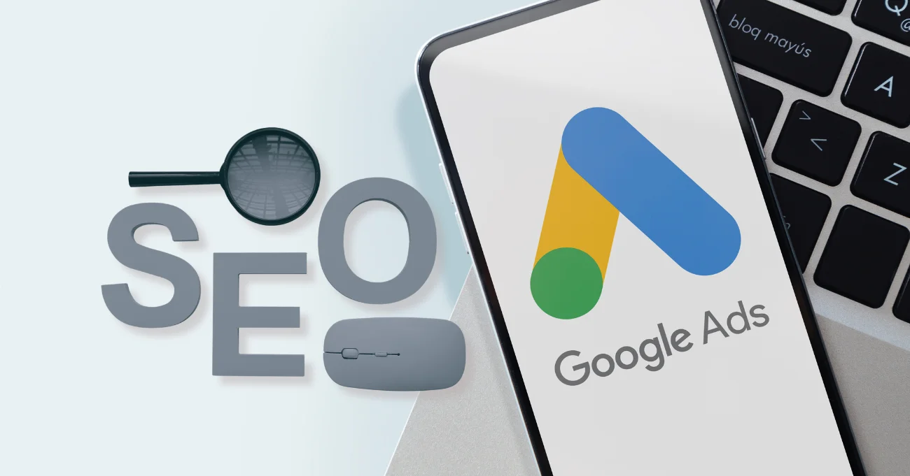google ads and SEO icons on a light background