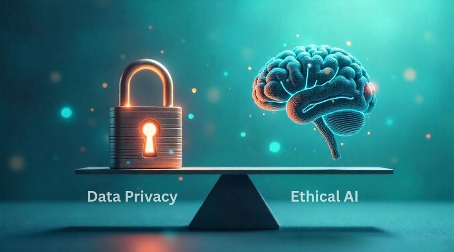 picture of a lock showing data privacy and brain with AI concept