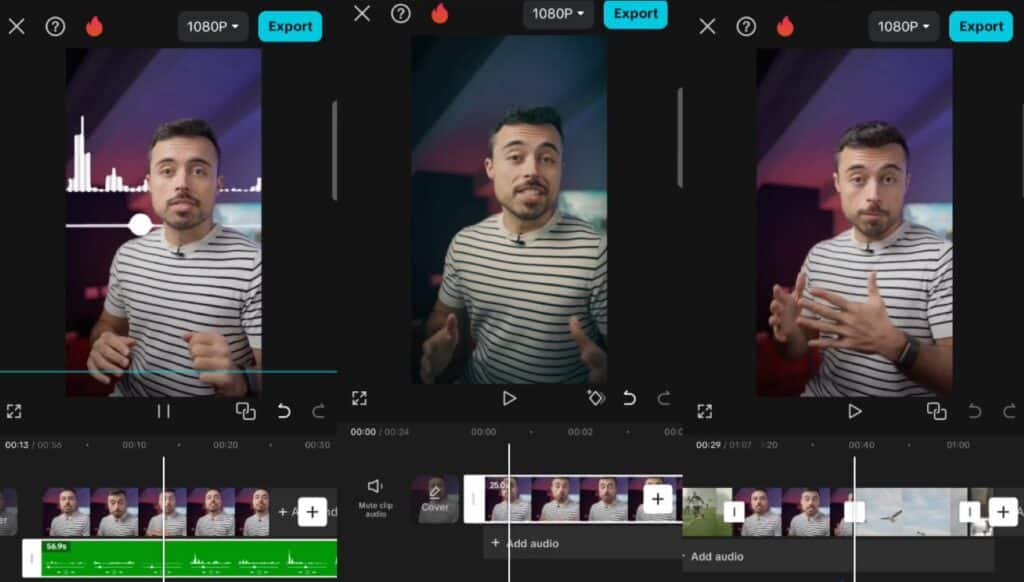 representation of video editing in 3 different screens