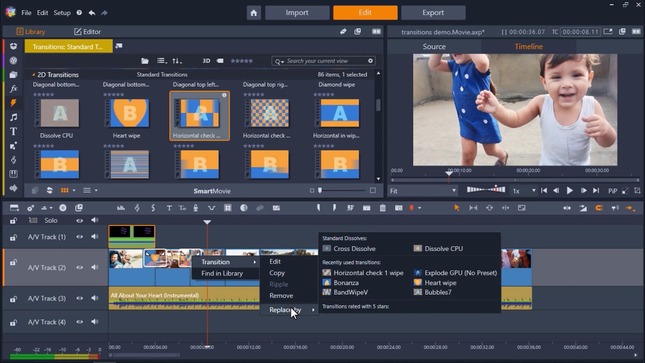 view of a video editing software with different transitions