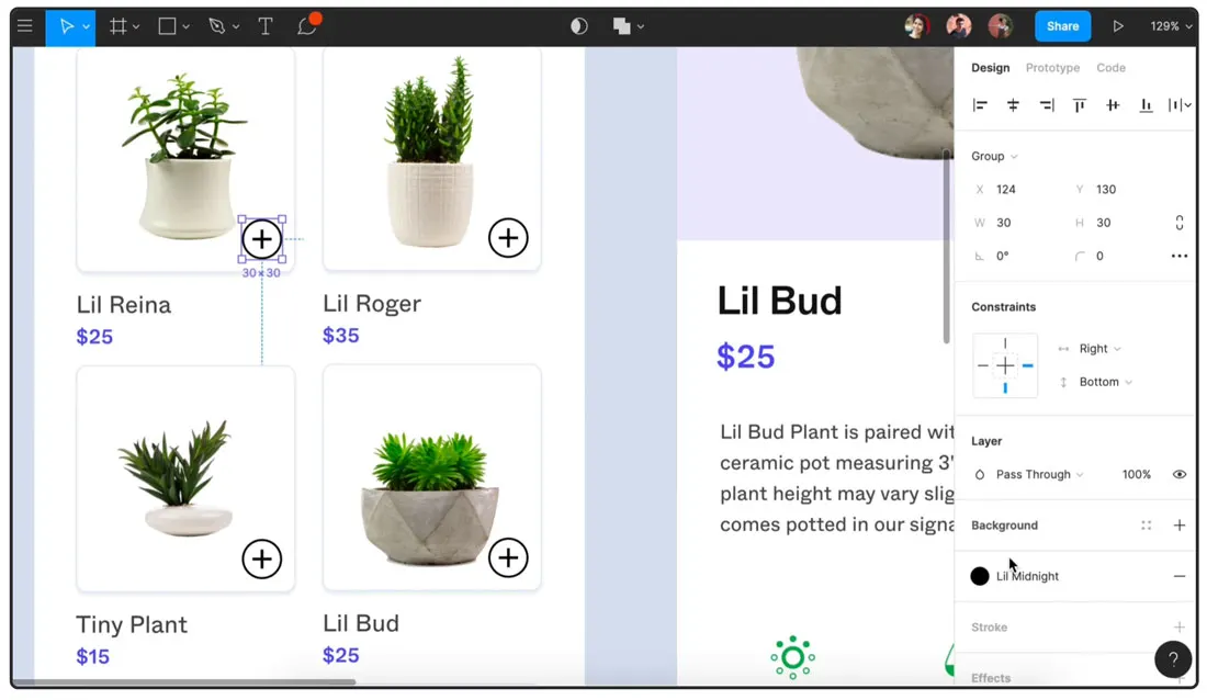 UI/UX design with Figma interface displaying product cards with plant images and details