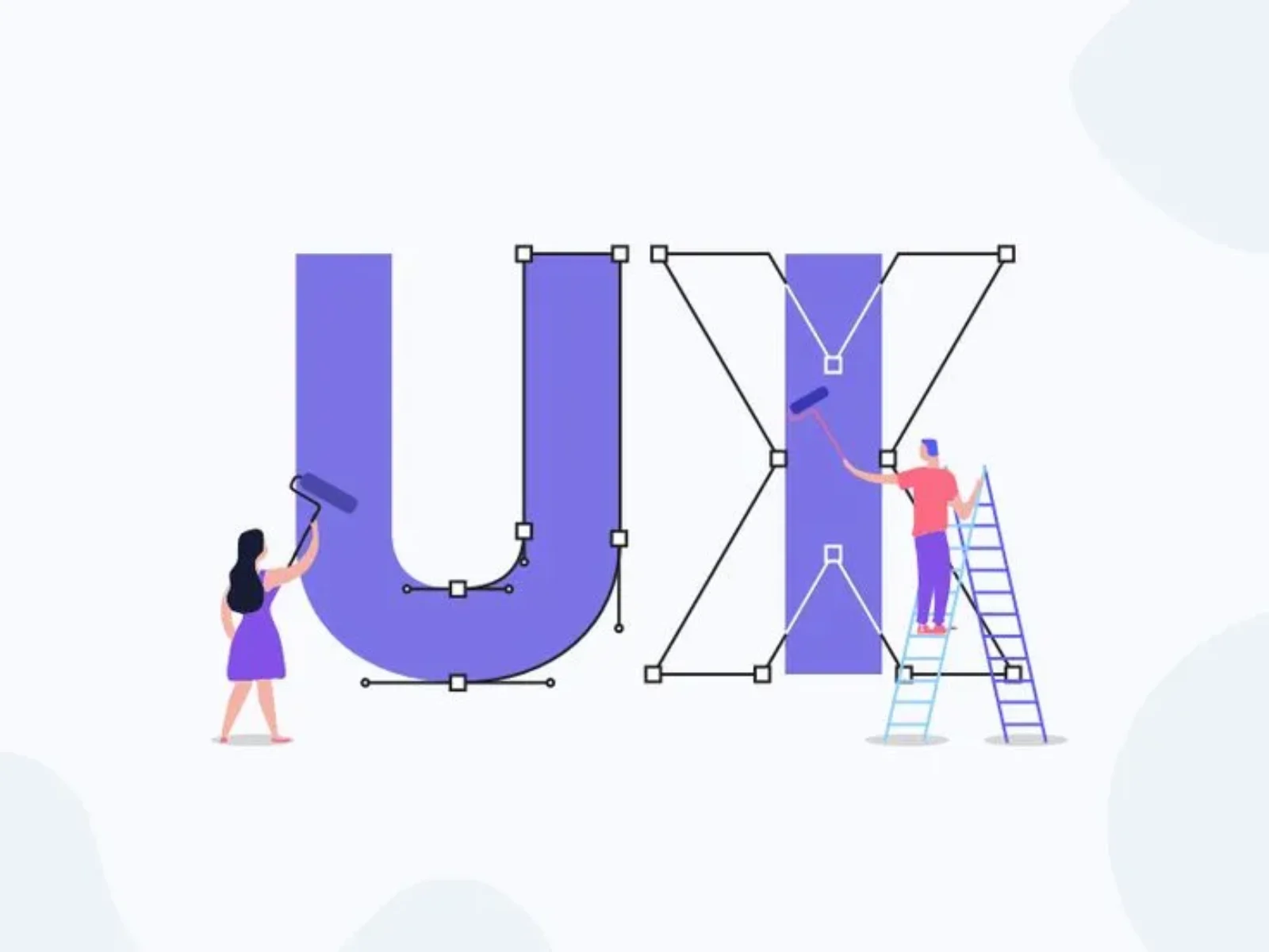 Illustration of two people painting the 'UX' letters.